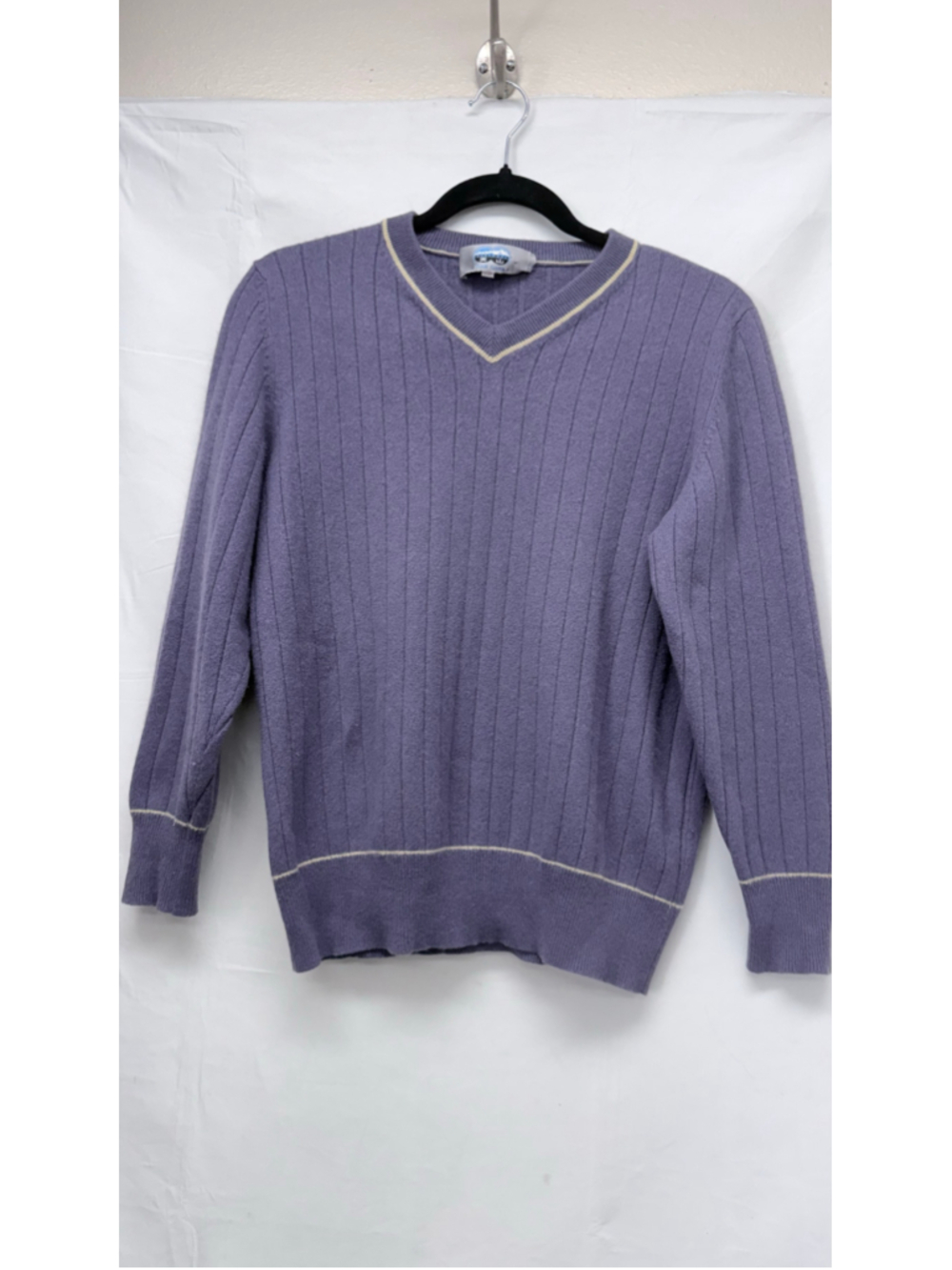 Women's Vintage Tian Shan V-Neck Cashmere Sweater S Purple White Striped